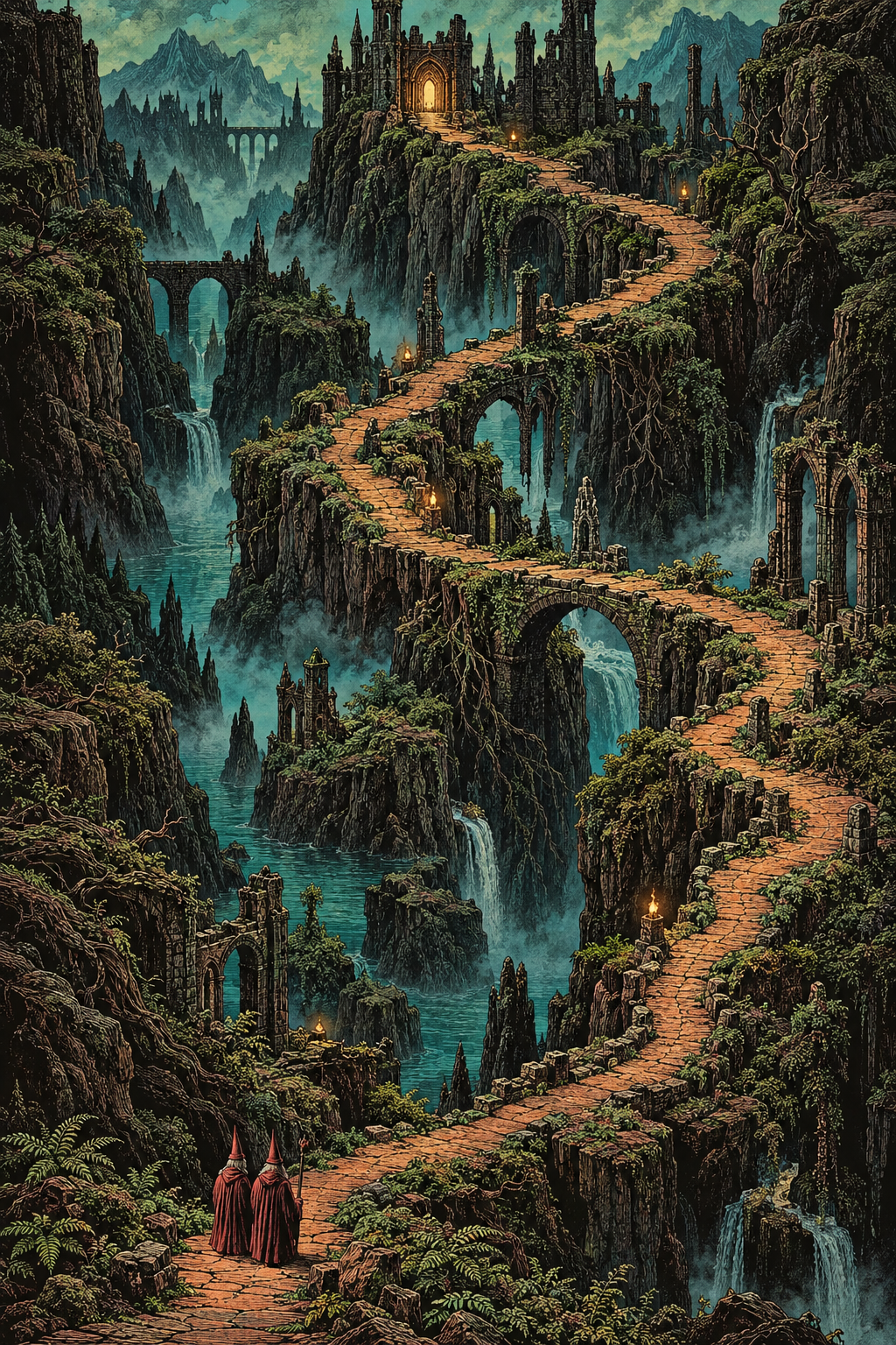 A winding stone trail through a moss-covered fantasy ravine, leading to a ruined castle.